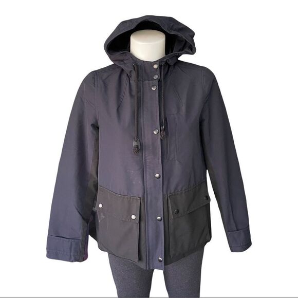 MADEWELL WOMEN’s FULL ZIP HOODED RAIN/UTILITY JACKET SOFT SHELL navy/black sz Sm - Picture 1 of 10